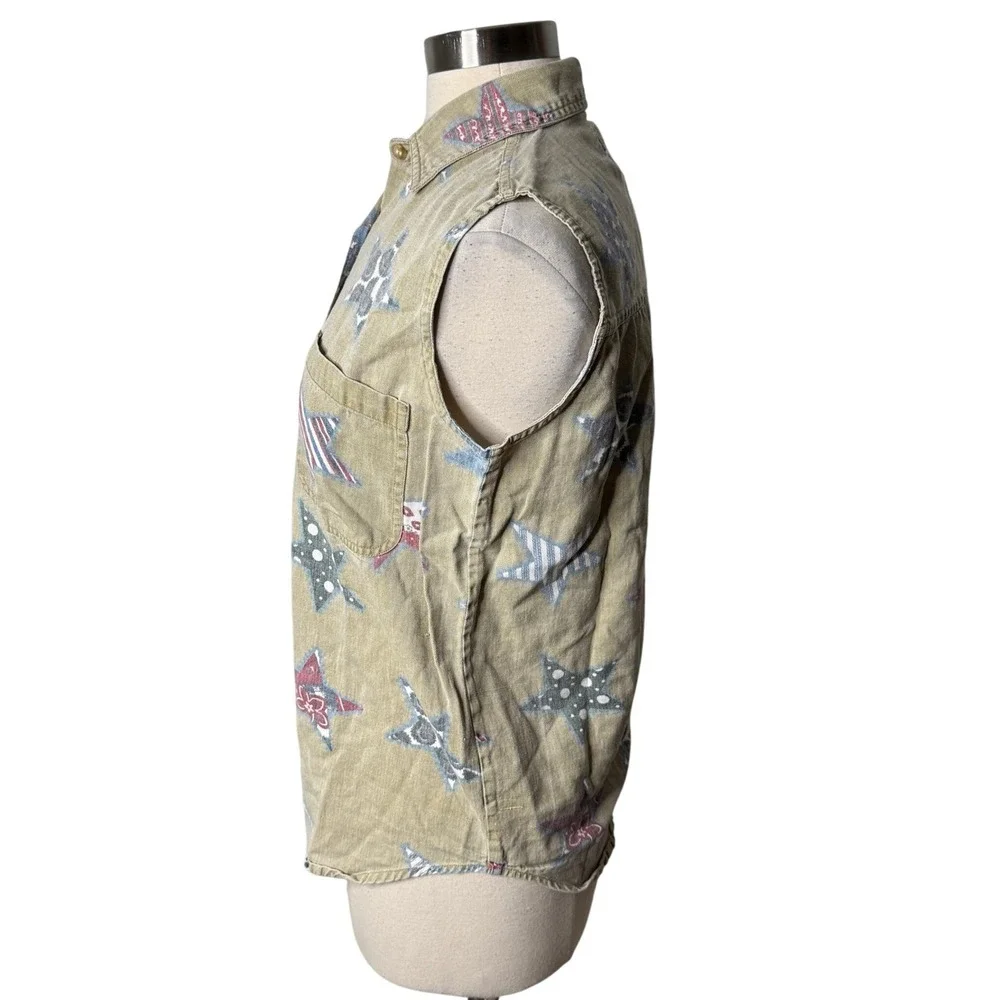 Vintage Quizz New York Americana Star Print Sleeveless Button Up Top Size Small